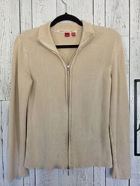 Esprit Sixty Eight Beige Ribbed Cotton Zip Cardigan Sweater Size Large Y2K Style